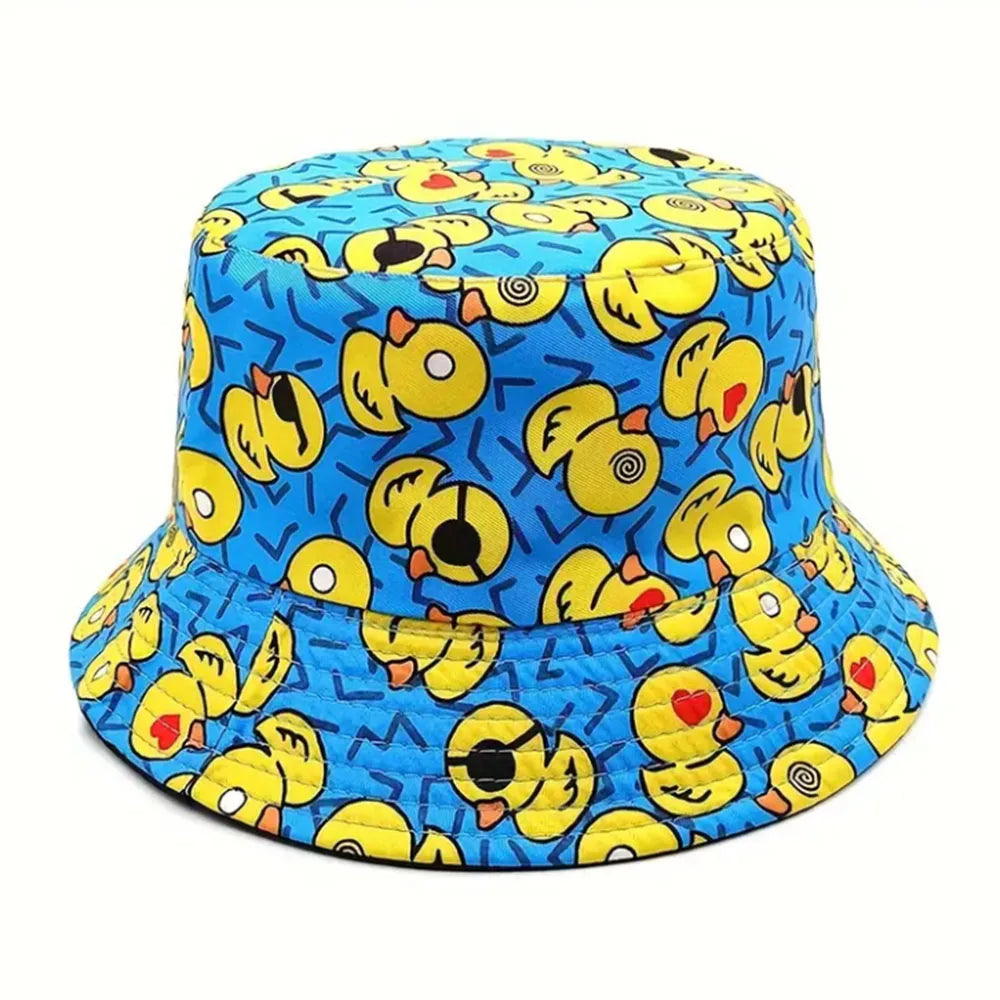 Four Seasons New Yellow Duck Double Sided Printed Fisherman's Hat For Couples Japanese Style Trendy Versatile Sunscreen Hat