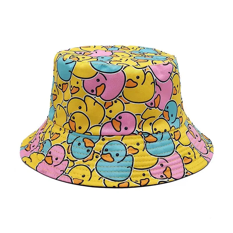 Four Seasons New Yellow Duck Double Sided Printed Fisherman's Hat For Couples Japanese Style Trendy Versatile Sunscreen Hat