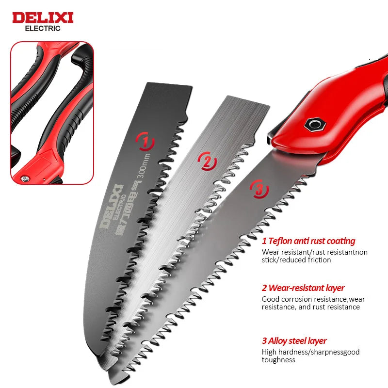 DELIXI ELECTRIC Brand Manual Folding Saw,SK5 Steel One-button Folding Design，Sharp Cutting Wood,Camping DIY,Garden Saw