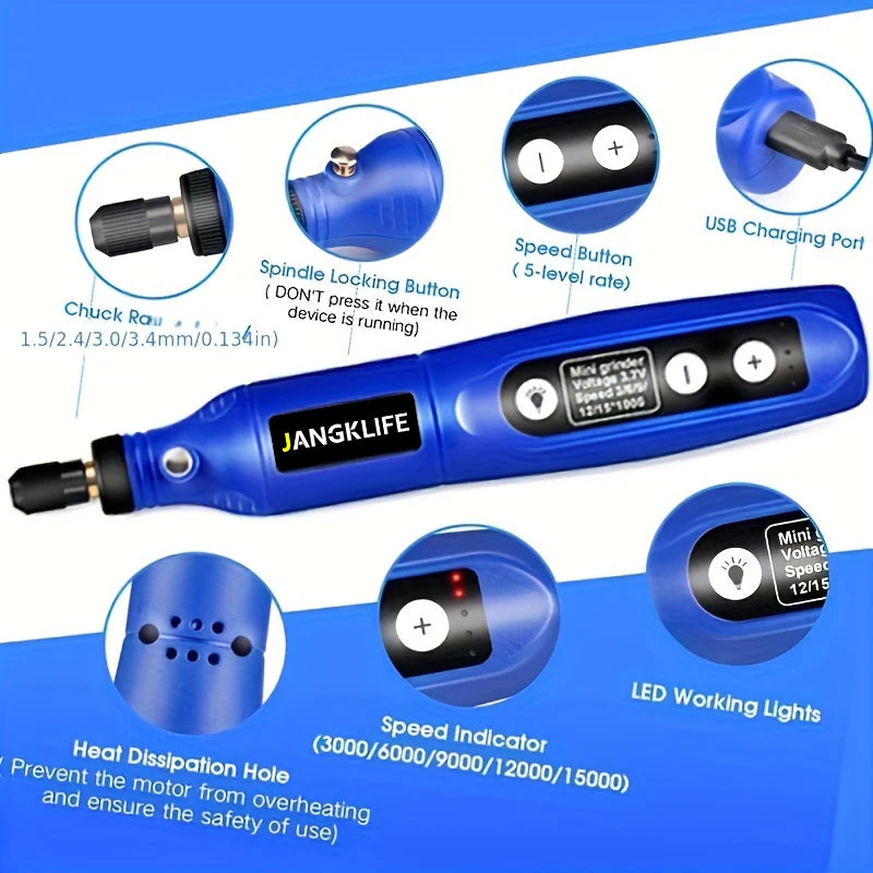 JANGKLIFE USB Cordless Rotary Tool Kit Woodworking Engraving Pen DIY For Jewelry Metal Glass Mini Wireless Drill
